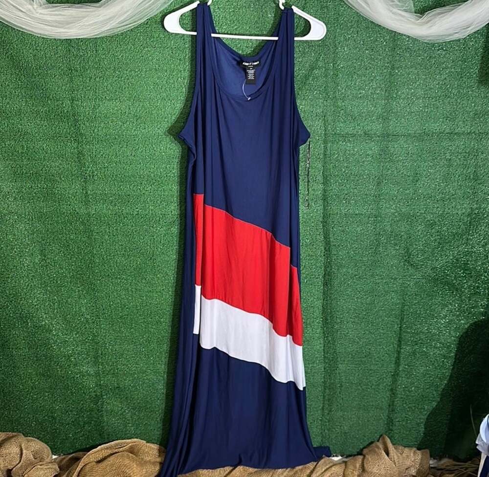 Jennifer Lauren Plus Size Sleeveless Color Block Maxi Dress, Navy, Red, & White